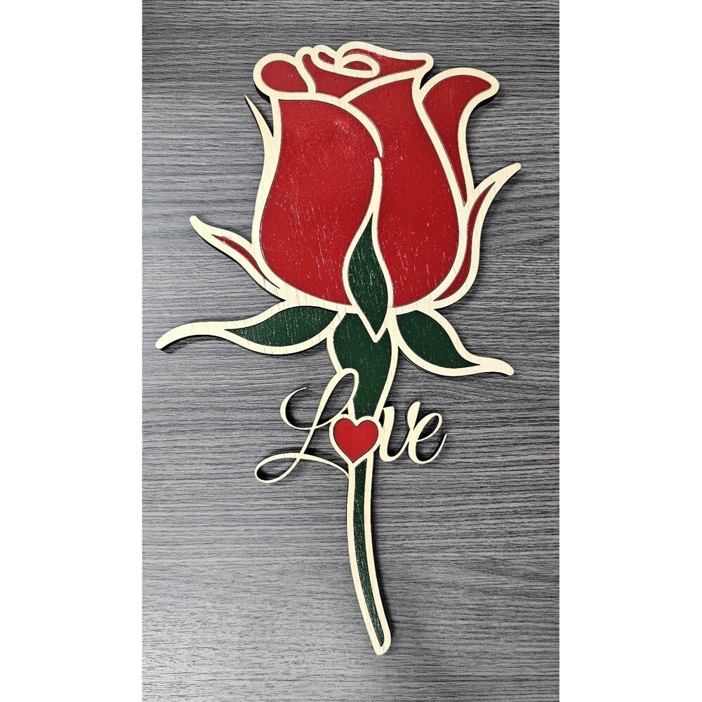 Rose Laser Cut Hand Painted 2-Layer Wood Wall Decor 15" Floral Art Valentine's